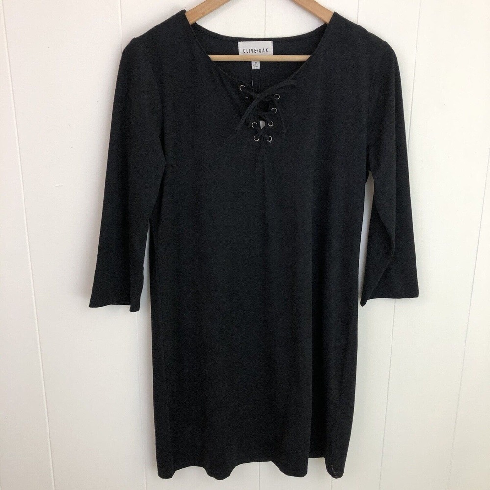 Olive + Oak Black Faux Suede Lace Up Neckline Mini Dress‎ Women’s Medium